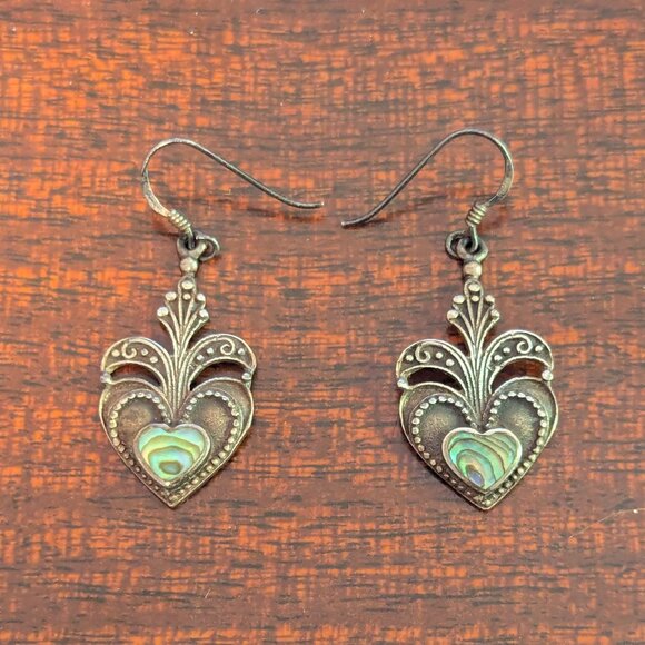 Heart Abalone Dangle Earrings Sterling Silver Boho Victorian Filigree Folk Art - Picture 6 of 6